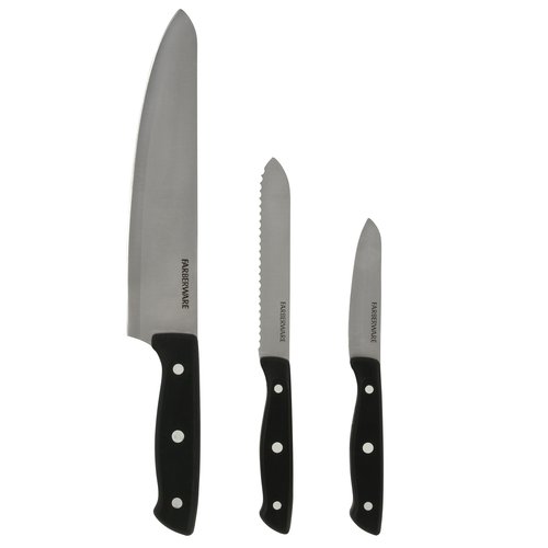Classic 3 Piece Stamped Full Tang Triple Riveted Chef Knife Set with Black Handle