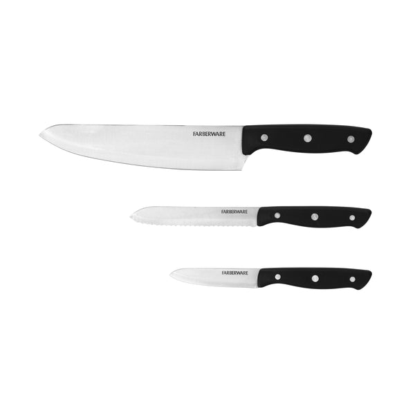 Classic 3 Piece Stamped Full Tang Triple Riveted Chef Knife Set with Black Handle